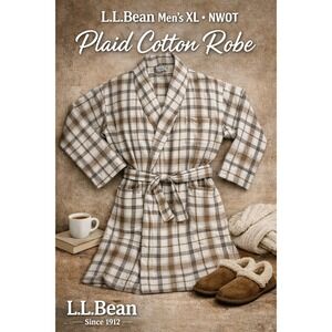 L.L.Bean Plaid Cotton Robe Mens XL NWOT Shawl Collar Belted Bathrobe Lounge